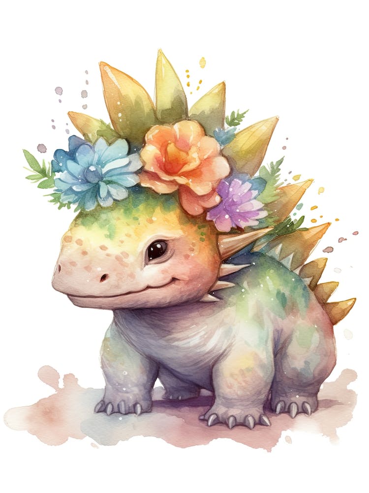 Stegosaurus With A Crown Of Flowers Cute Dinosaur Watercolour 2