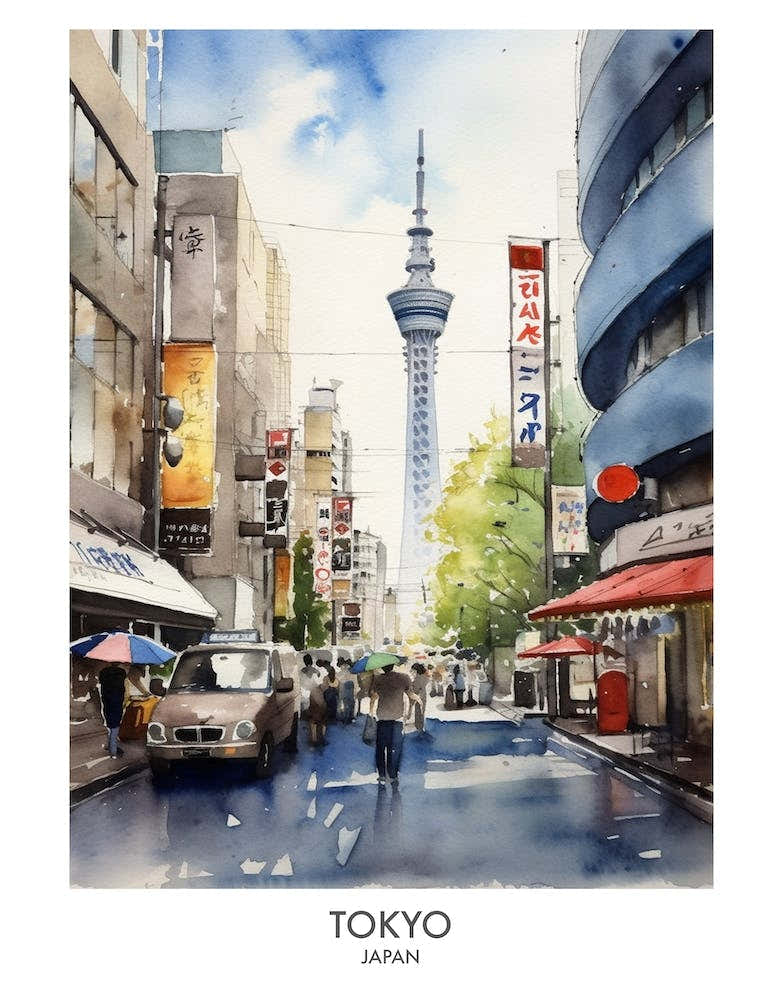 Tokyo Japan Watercolour Travel Poster 3