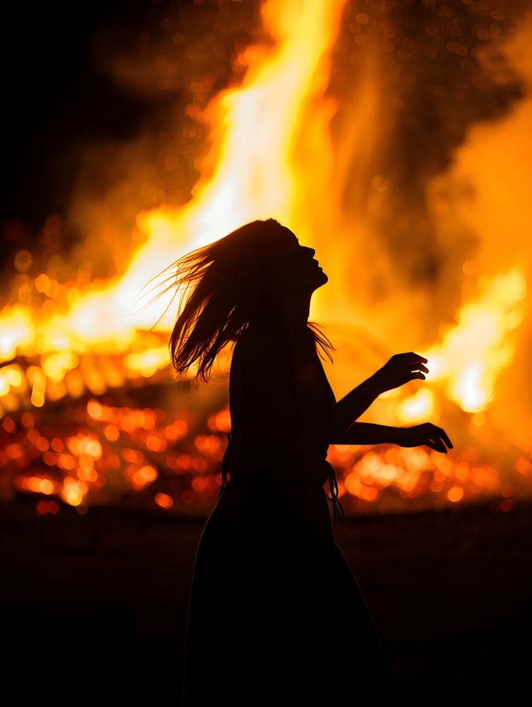 Silhouette Of A Woman In Front Of A Bonfire