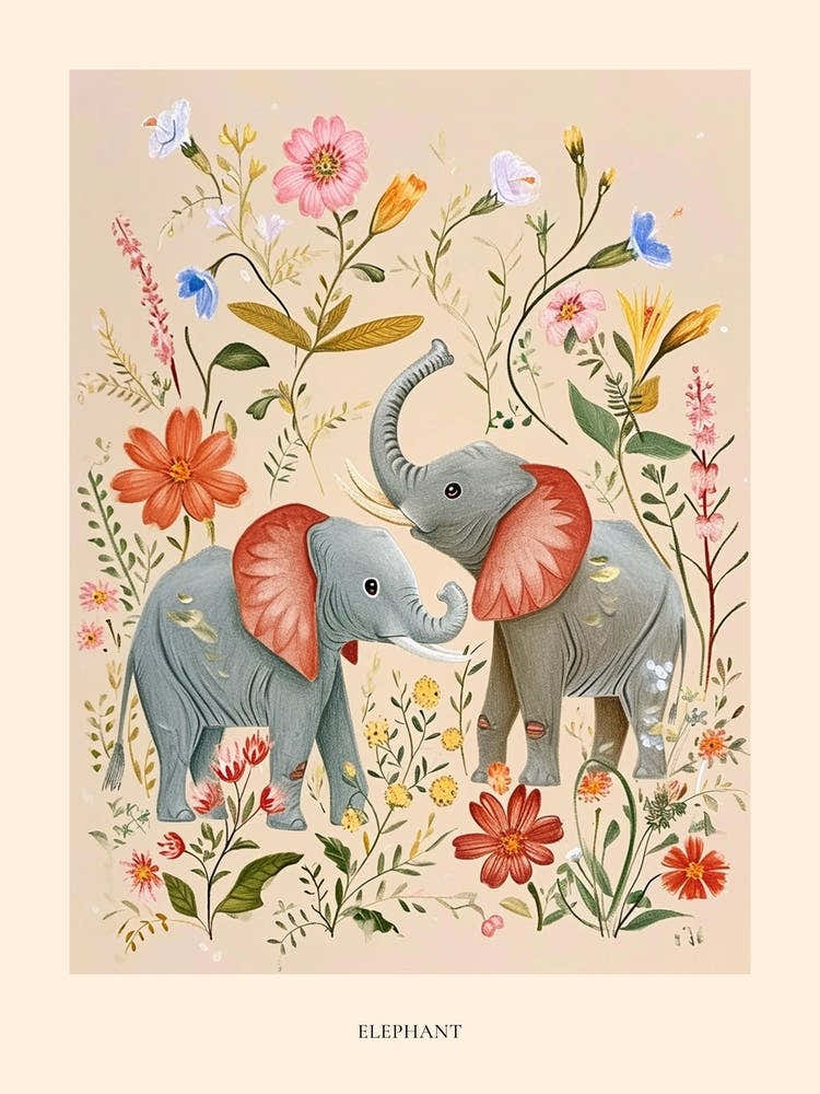 Folksy Floral Animal Drawing Elephant 1 Poster