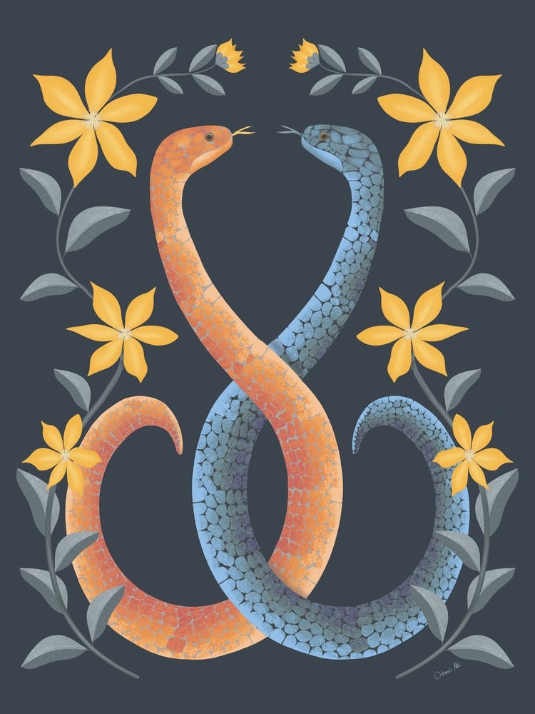 Snakes Entwined With Flowers