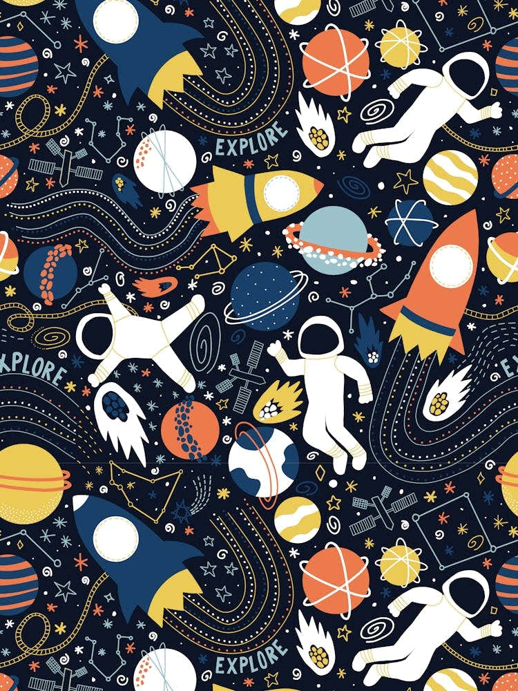 Explore Outer Space - Black, Blue, Yellow and Orange Universe Kids