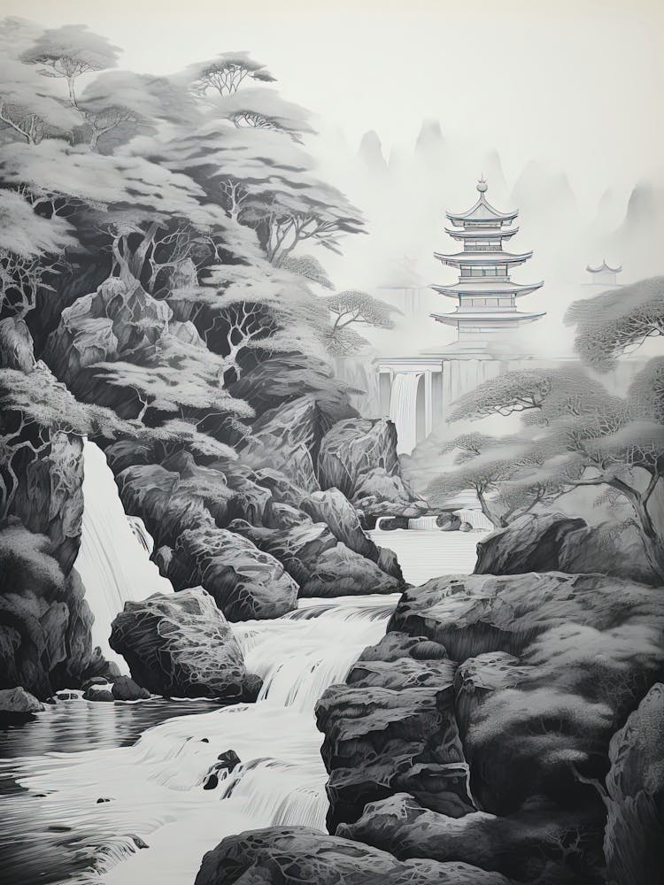 Nikko In Tochigi, Ukiyo E Black And White Line Art Drawing 2