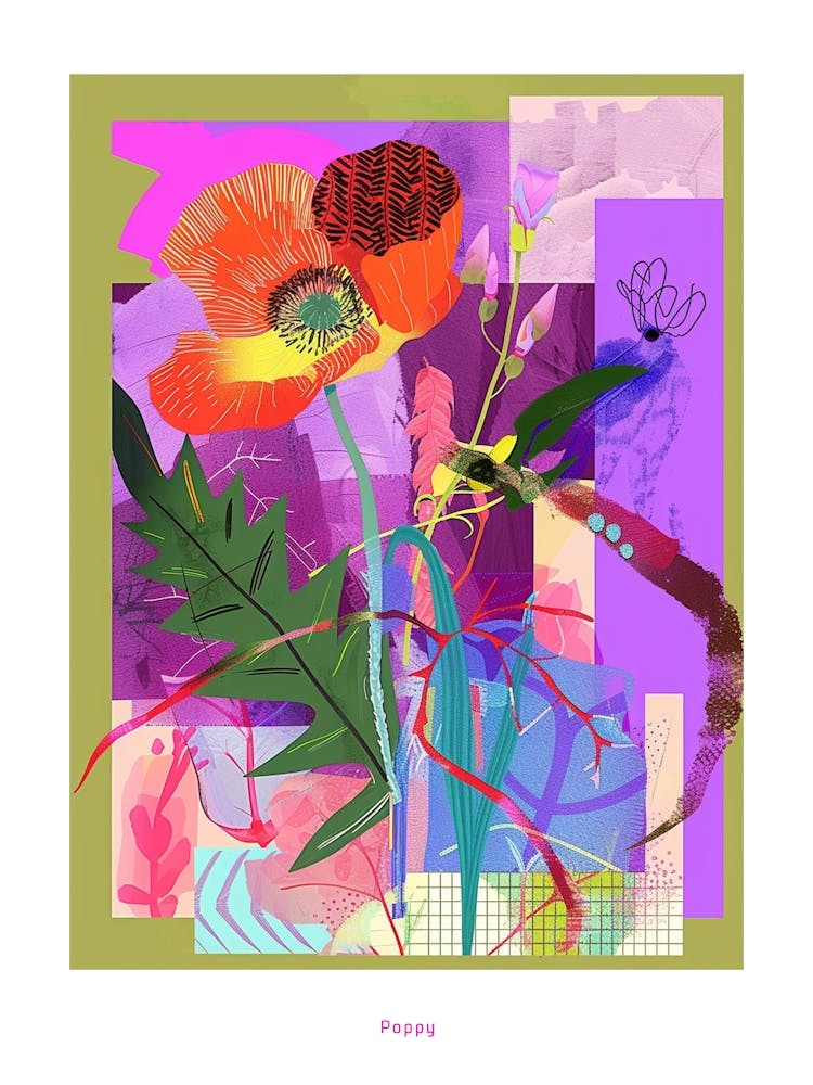 Poppy 4 Neon Flower Collage Poster