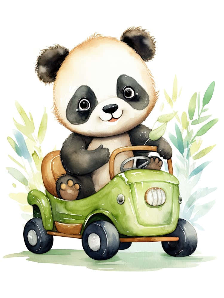 Baby Panda On A Toy Car, Watercolour Nursery 5
