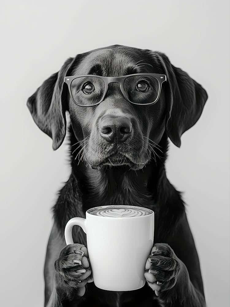 Chocolate Labrador Drinking Coffee Wall Art, Black And White Print, Coffee Lover Print, Brown Lab Gift, Funny Dog Poster, Kitchen Wall Decor