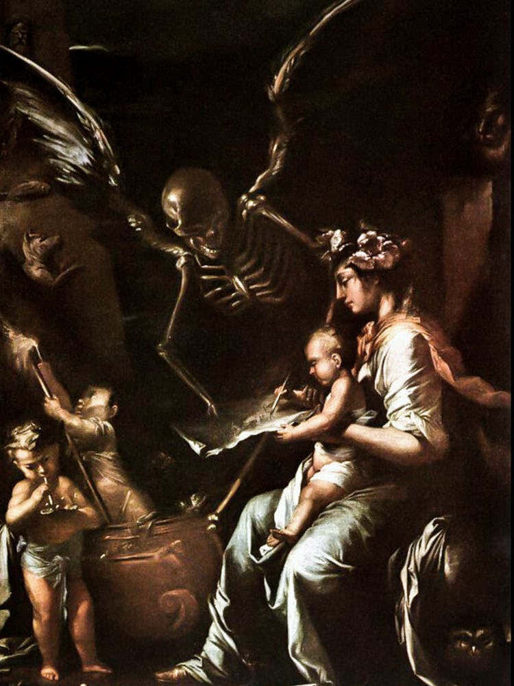 Human Fragility - Salvator Rosa (c1656) Rare Photographic Print Remastered "The Ultimate in Macabre Overstatement: A Newborn Baby Writes an Agreement with Death Acknowledging That Human Existence is Miserable and Brief" Almost 400 Years Old. Skeleton Skul