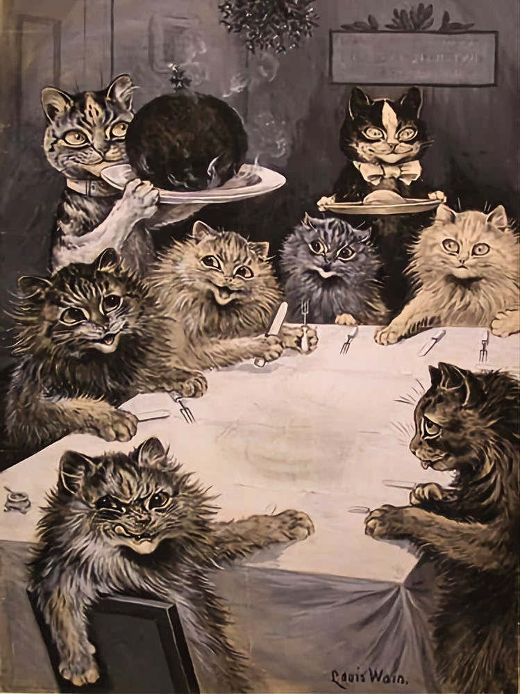 Louis Wain Vintage Cats - Christmas Pudding Dinner Party Victorian Illustration Famous Animated Cats Around the Dinner Table Having Supper - Witchy Dark Aesthetic British Humor Gallery