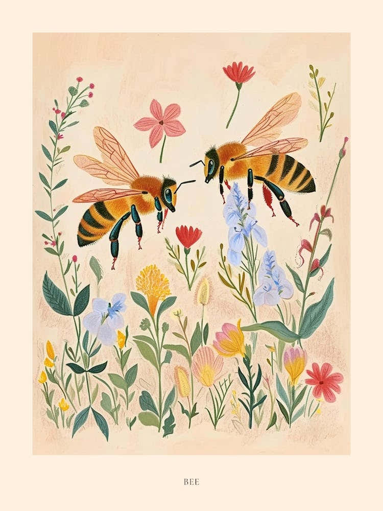 Folksy Floral Animal Drawing Bee Poster