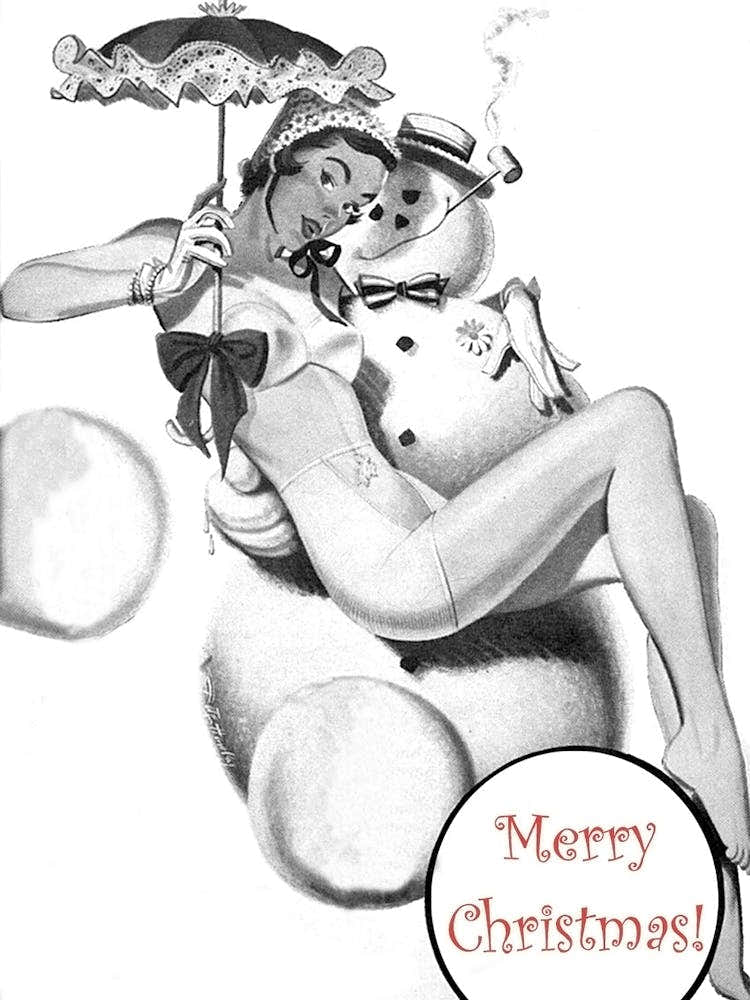 Pinup Girl Sitting On A Happy Snowman