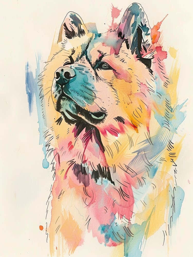 Chow Chow Dog Watercolour Line Illustration