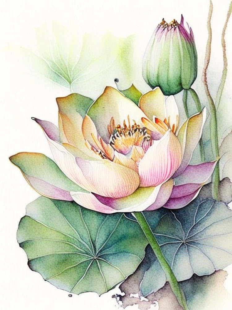 Lotus Flower In Garden Watercolour Ink Pencil 1