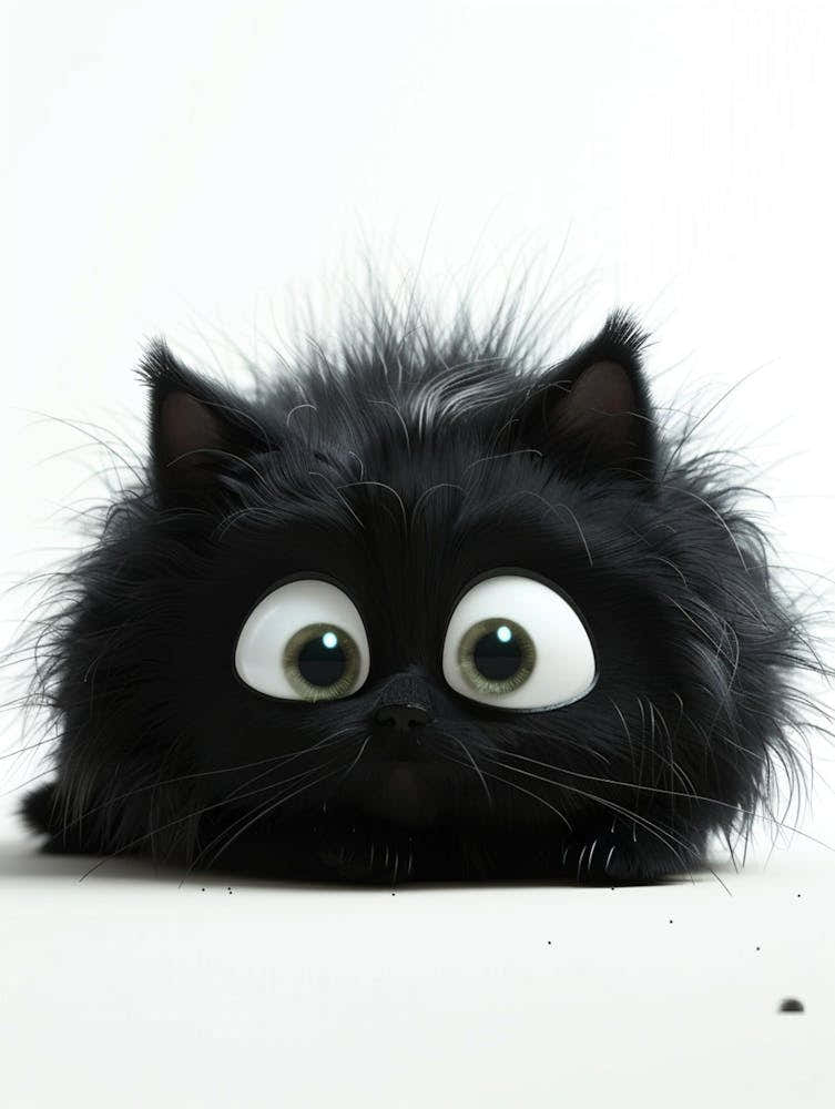 Chubby Cute Fluffy,Black Cat,Bored Expression, Lying And Rolling On The Floor, Funny Facial Expressions, Exaggerated Movements,Fluffy And Soft Hair,3d Characters, Pure White Background, A Bit Fluffy, Elongated Shapes, Cartoon Style,M 1