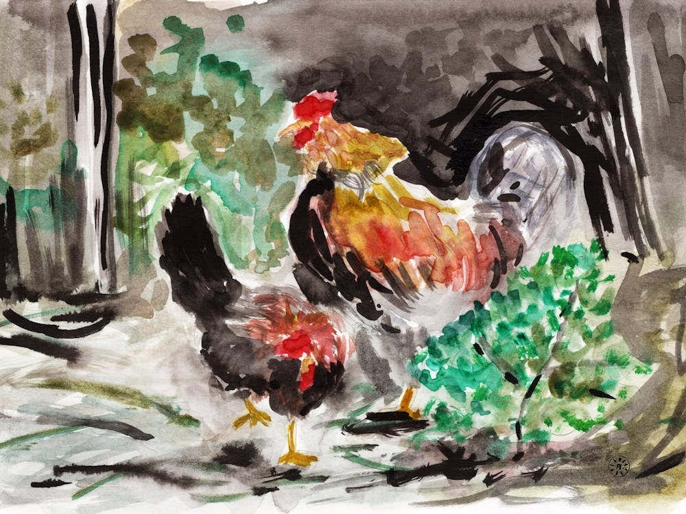 Rooster And Hen - watercolor impressionism Anton Maliar farm birds