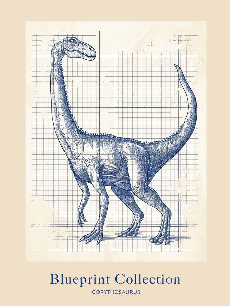 Corythosaurus Dinosaur Blue Print Sketch 1 Poster