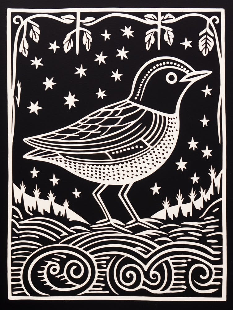 B&W Bird Linocut Dipper 2