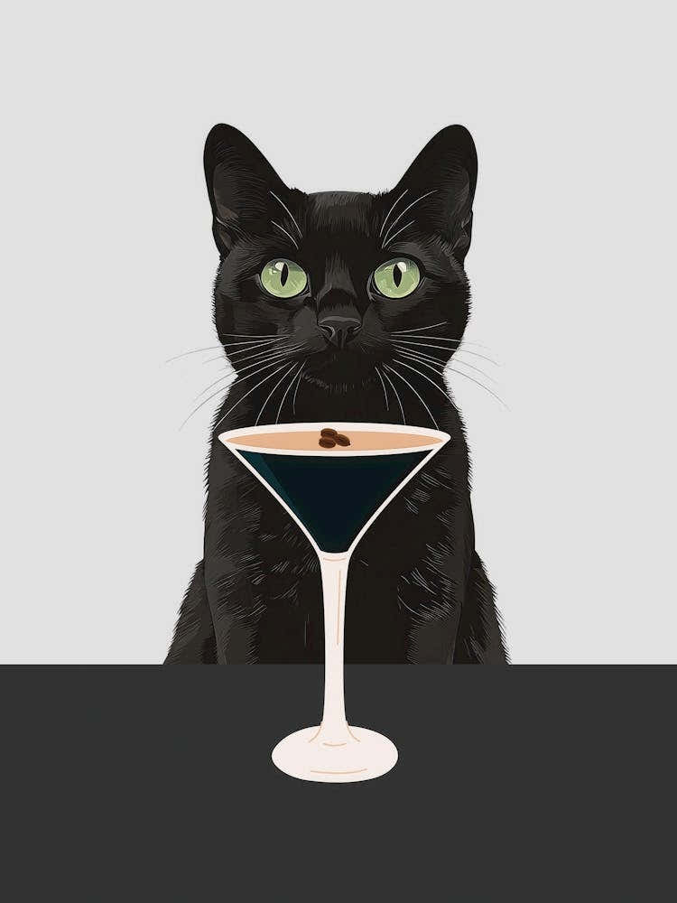 Cat with Espresso martini art in neutral and black colors in a minimalist aesthetic, quirky illustration whimsical artwork ideal for kitchens, cafes, coffee bars, bar carts, fun contemporary art for an eclectic living room