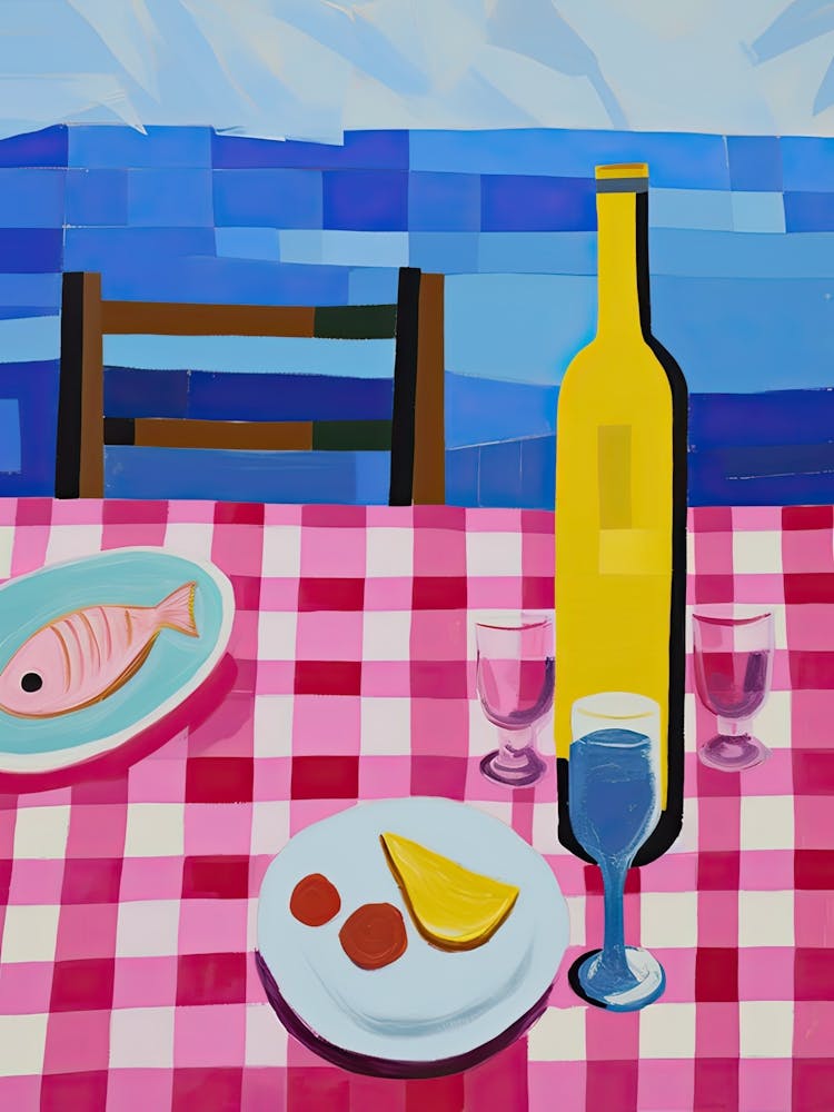 Painting Of A Table With Food And Wine, French Riviera View, Checkered Cloth, Matisse Style 7