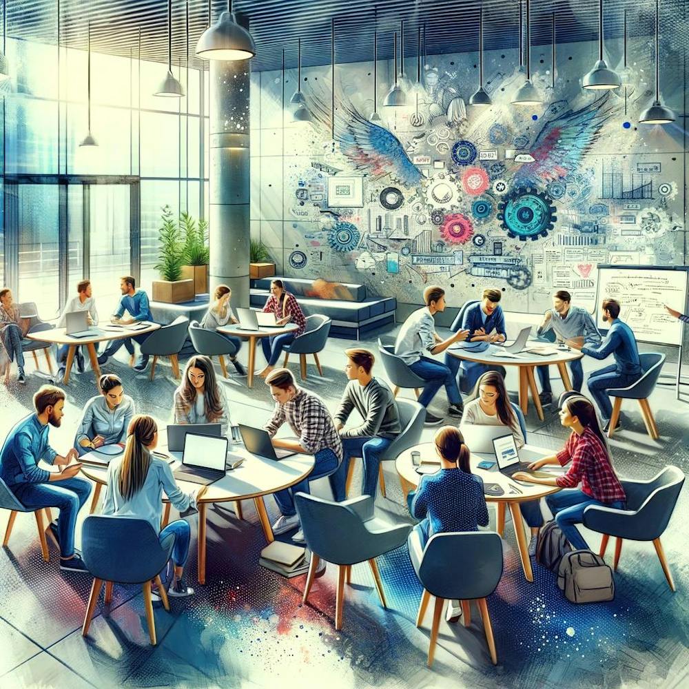 Collaborative Learning Wall Print Art A Dynamic And Motivating Scene Of Teamwork And Knowledge Exchange, Perfect For Promoting Academic Collaboration In Any University Setting