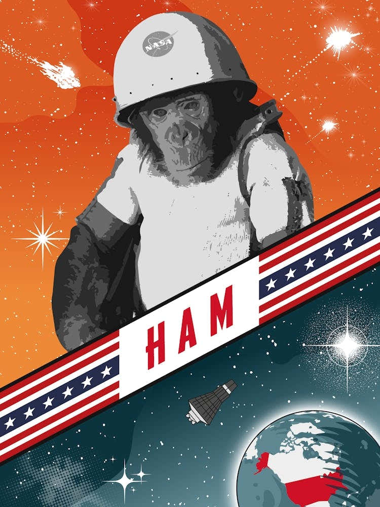 Ham, First chimp in space, USA, 1961 — Vintage space poster, retro space art