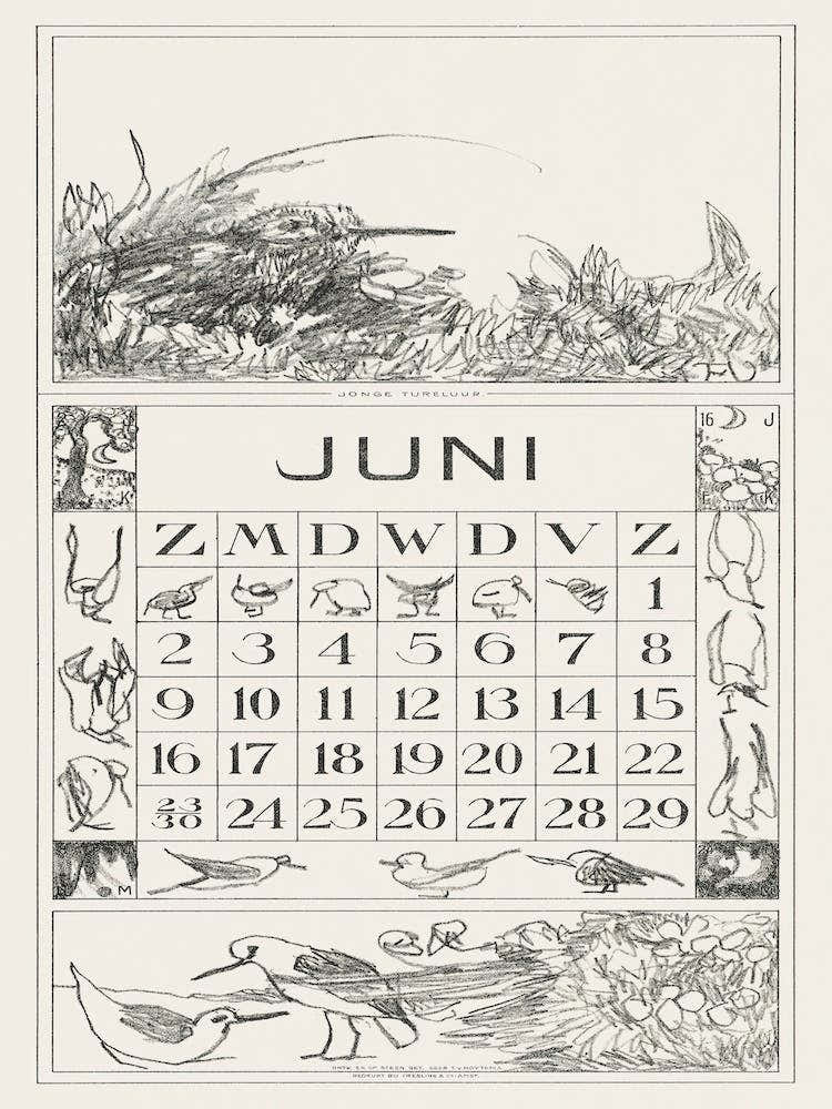 June Calendar Sheet With Redshank In The Grass (1917), Theo Van Hoytema
