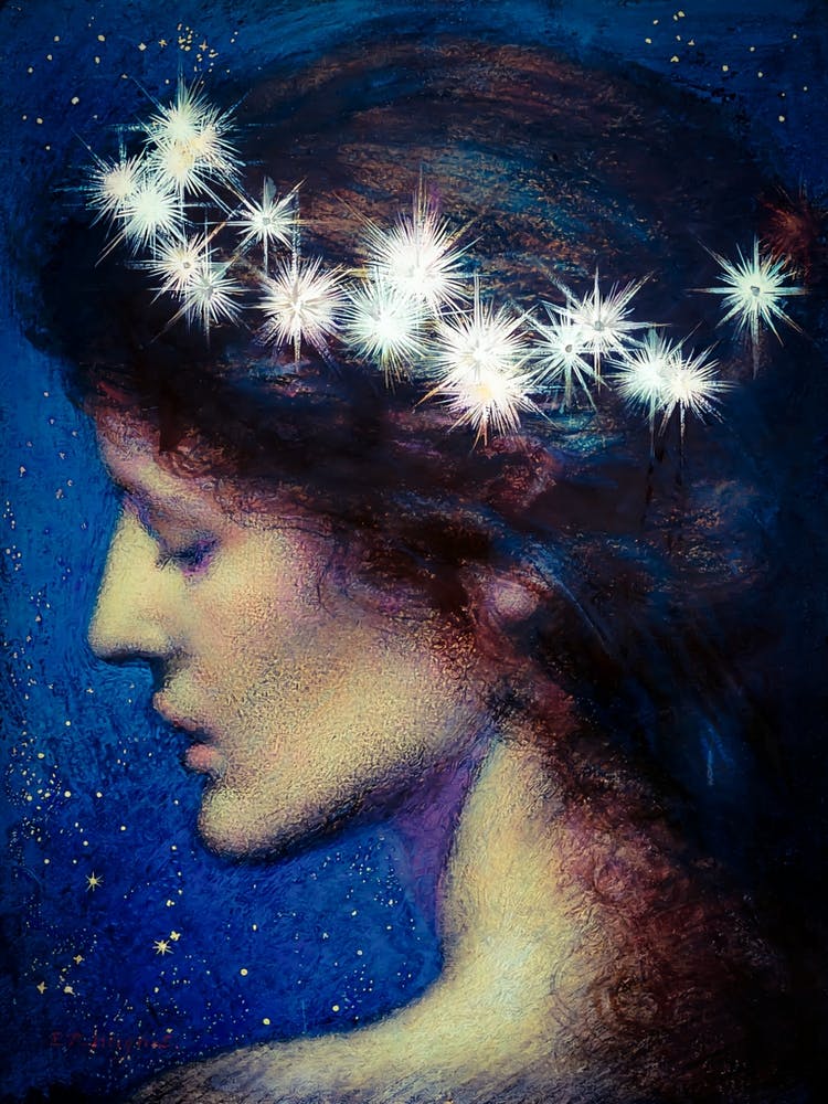 Night (Noc) 1912 by Edward Robert Hughes - British Painter Romanticism Pre-Raphaelitism Aestheticism Beautiful Goddess Fairy Angel Midnight Stars Celestial Oil Painting Remastered HD