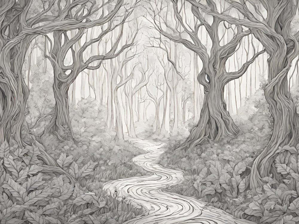 Enchanted Forest With Twisting Trees And Hidden Paths