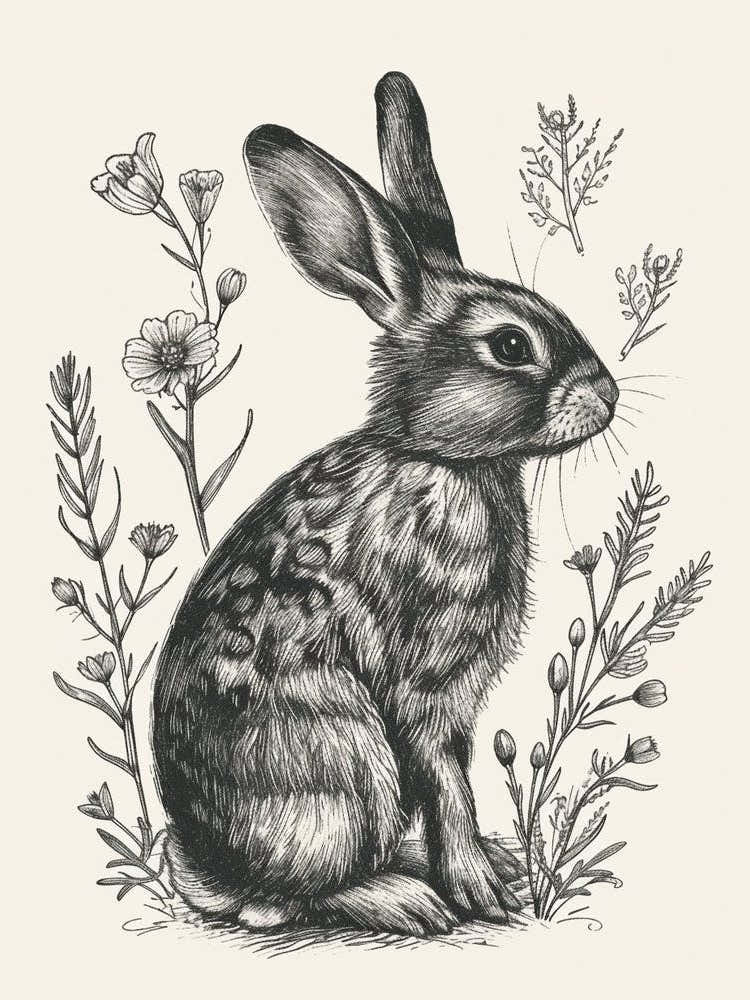 Florida White Blockprint Rabbit Illustration 1