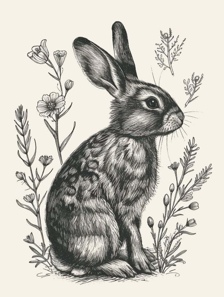 Florida White Blockprint Rabbit Illustration 1