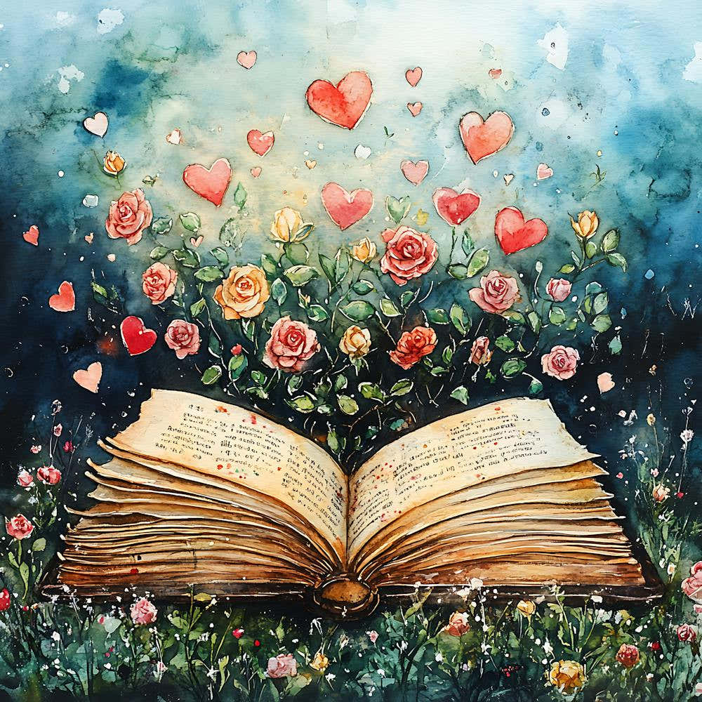 Watercolor Romantic Book Roses Hearts 2