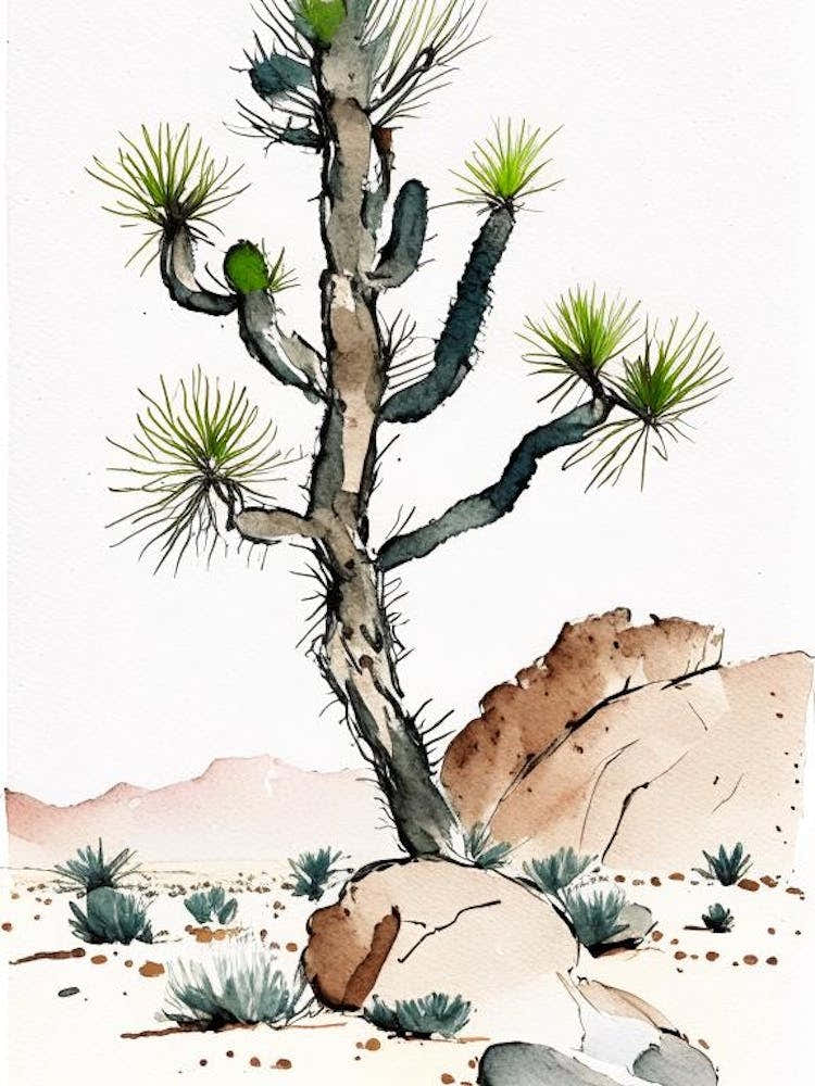 Joshua Tree In Rocky Landscape Minimilist Watercolour  (3)