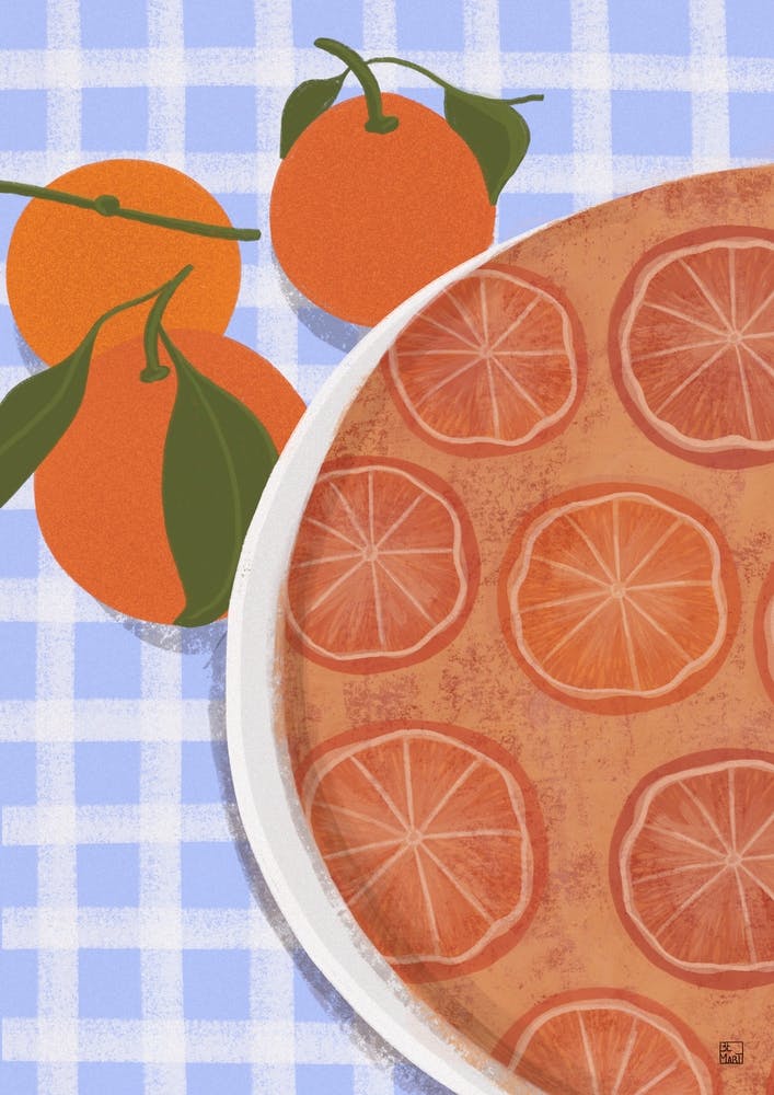 Orange Cake On Blue Tablecloth