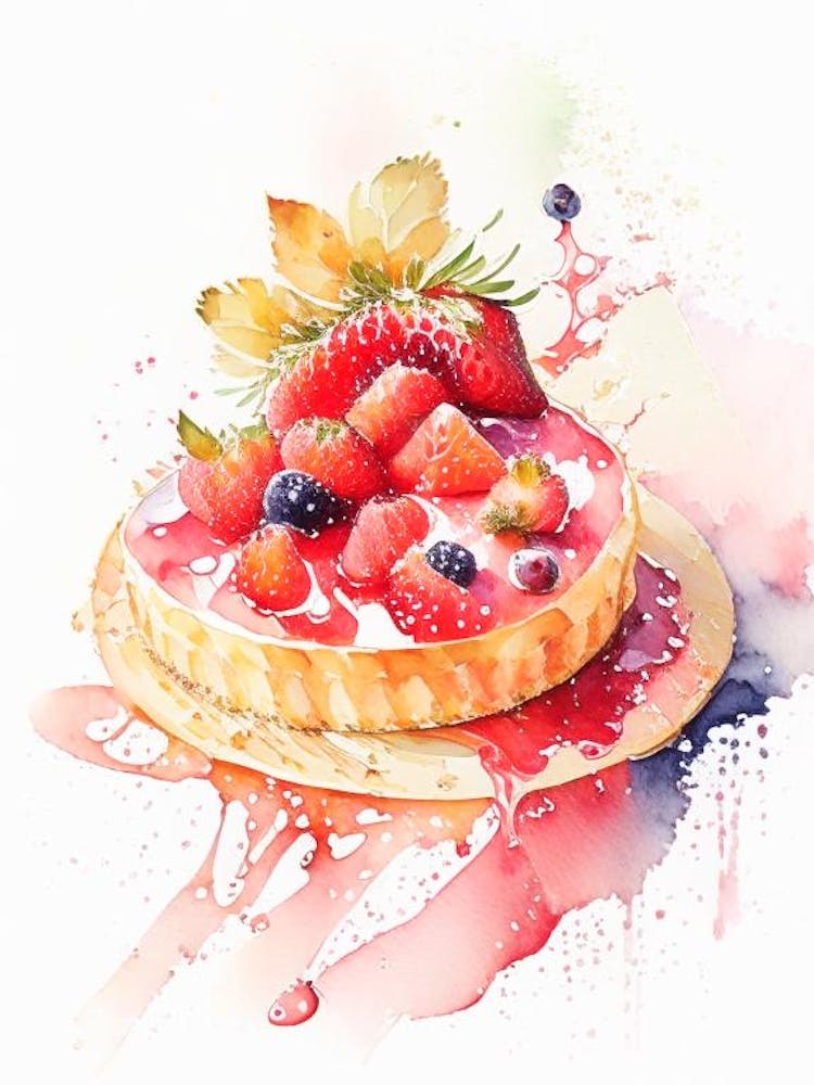 Strawberry Tart, Dessert, Food Storybook Watercolours