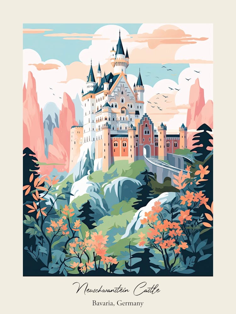 Neuschwanstein Castle   Bavaria, Germany   Cute Botanical Illustration Travel 2 Poster