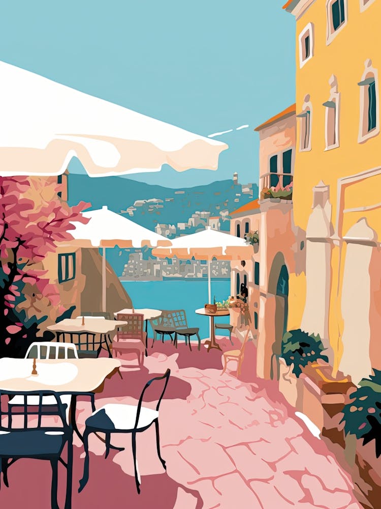 Taormina, Italy, Flat Pastels Tones Illustration 1