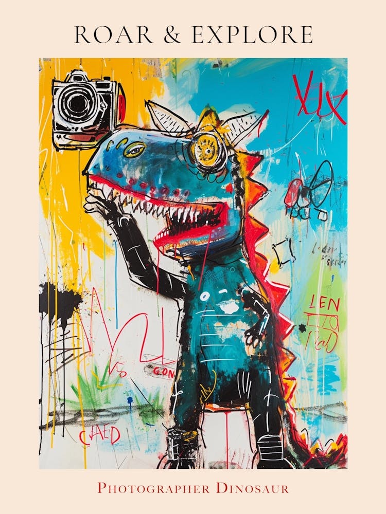 Abstract Colourful Dinosaur Taking A Photo On An Anologue Camera 1 Poster