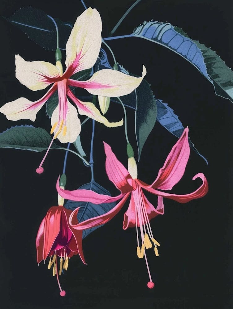 Neon Flowers On Black Fuchsia 2