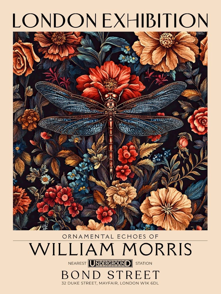 William Morris Dragonfly and floral artwork, insect and flower pattern vintage Botanical print for cottagecore, maximalist decor,floral tapestry Victorian nature illustration bedroom vintage decor 6