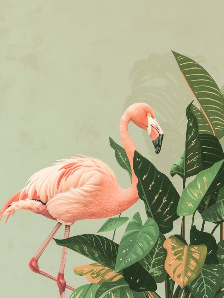 Lesser Flamingo And Philodendrons Minimalist Illustration 4
