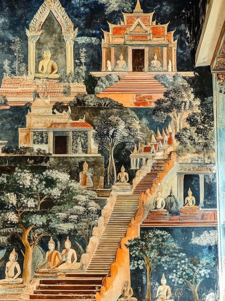 Ancient Buddhist Temple Painting Of The Life Of Buddha Inside Of Wat Pho In Bangkok, Thailand