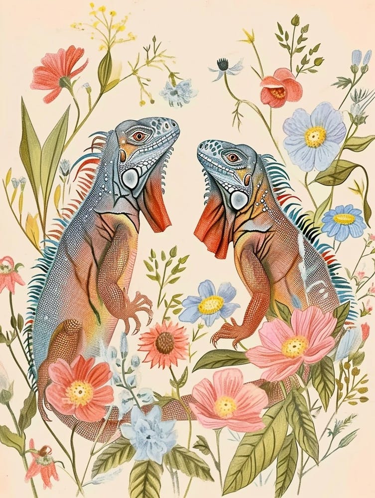 Folksy Floral Animal Drawing Iguana 1