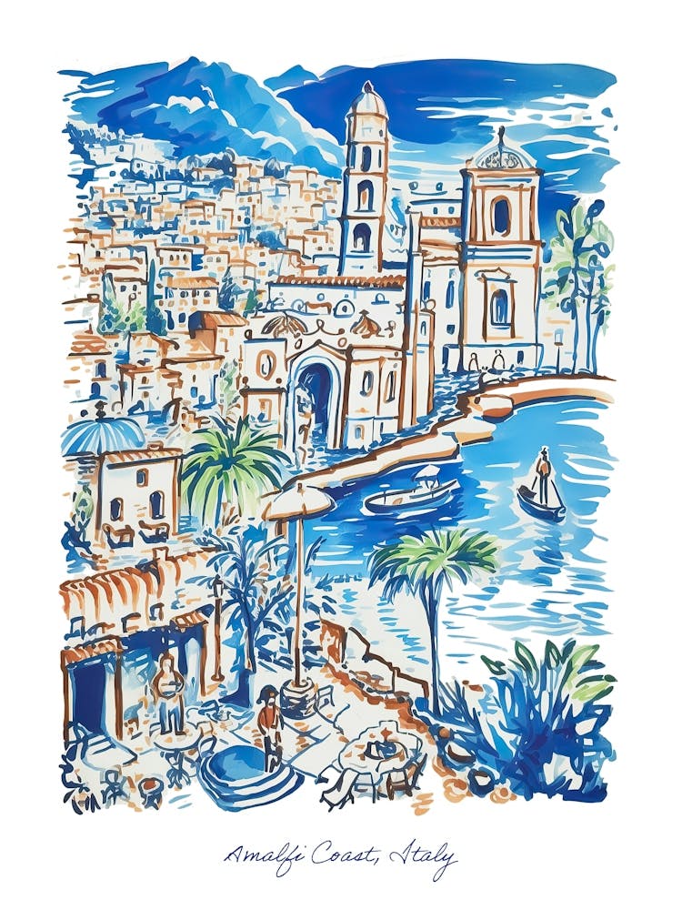 Amalfi Coast Illustration Line Art Italy Travel Blue