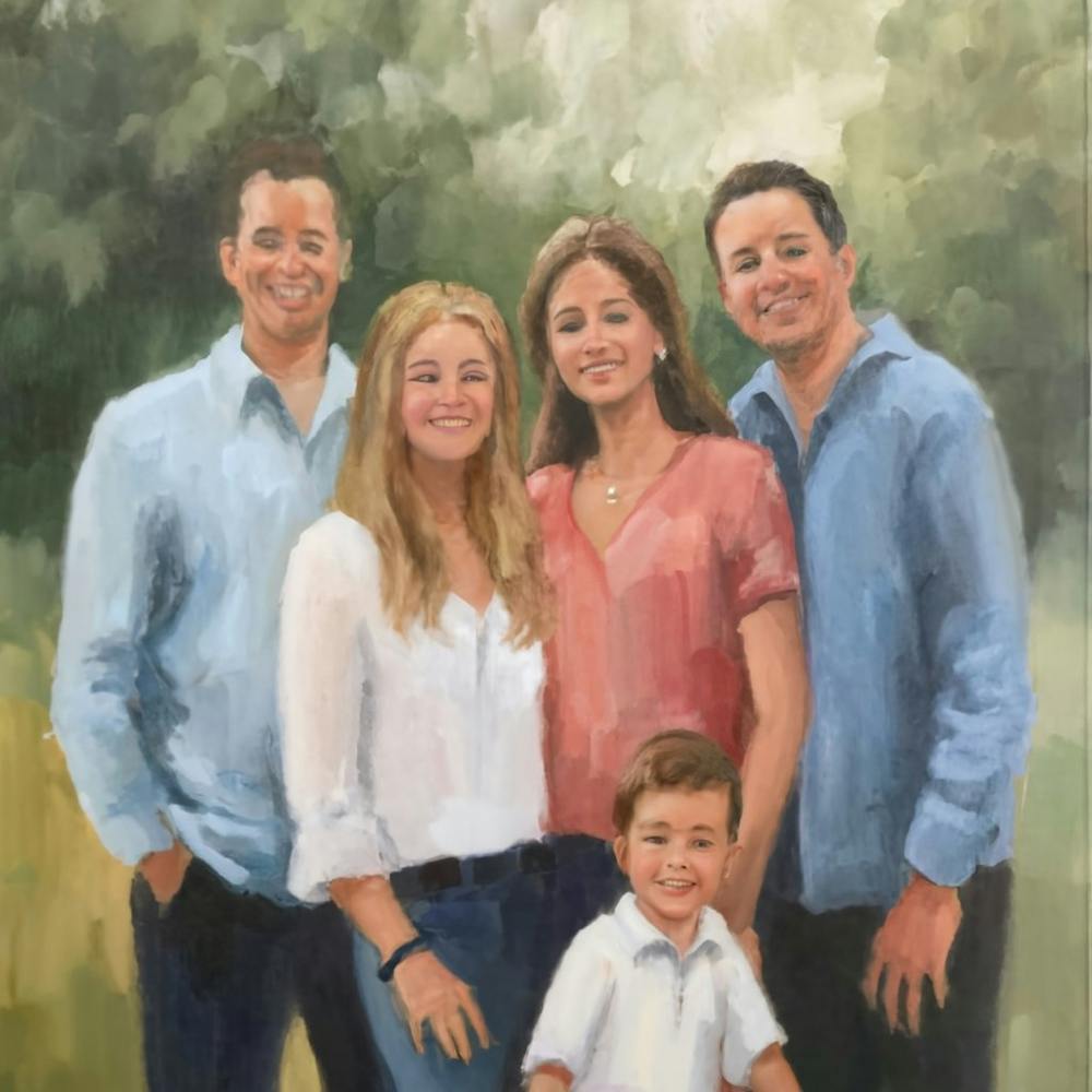 A heartwarming and candid family portrait, capturing a genuine moment of connection and joy between family members. This personalized and emotionally resonant portrait can serve as a beautiful centerpiece for family-oriented home decor, appealing to those who cherish the bonds of family