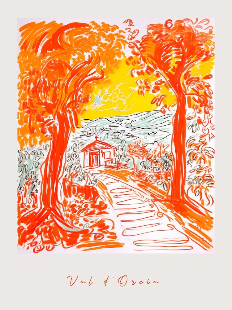 Val D'Orcia 2 Italy Orange Drawing Poster