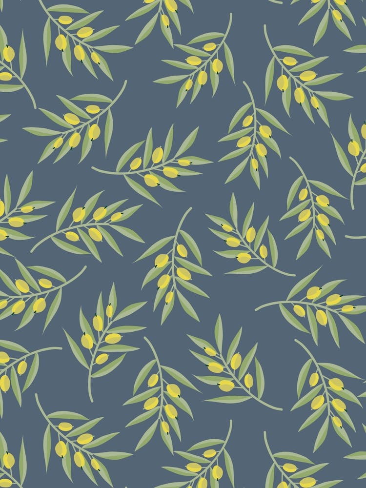 Scattered Olive Branches - Green Olives on Slate Blue