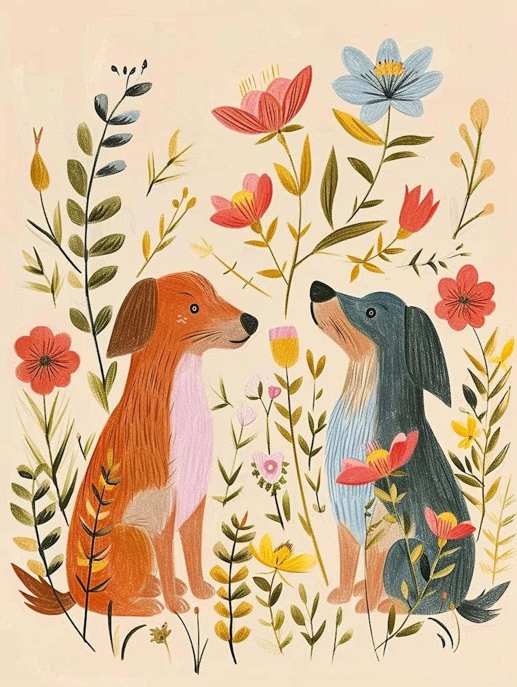 Folksy Floral Animal Drawing Dog 5