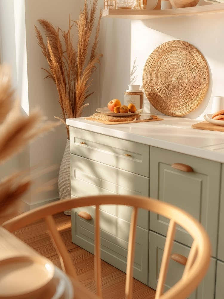Green Kitchen With A Wooden Table