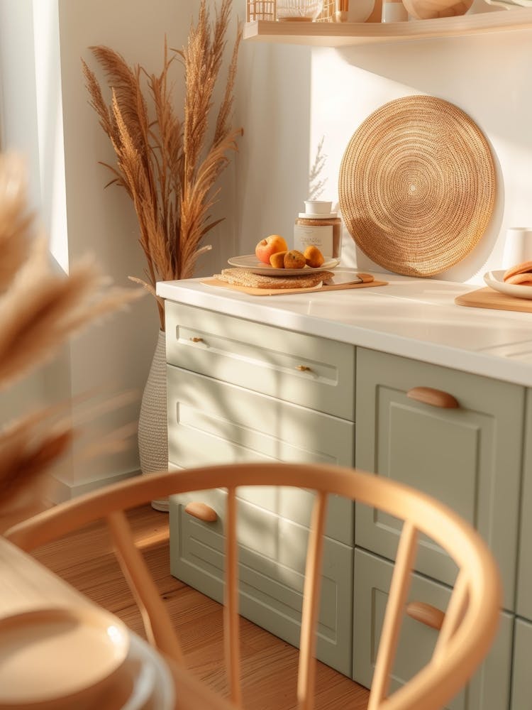 Green Kitchen With A Wooden Table