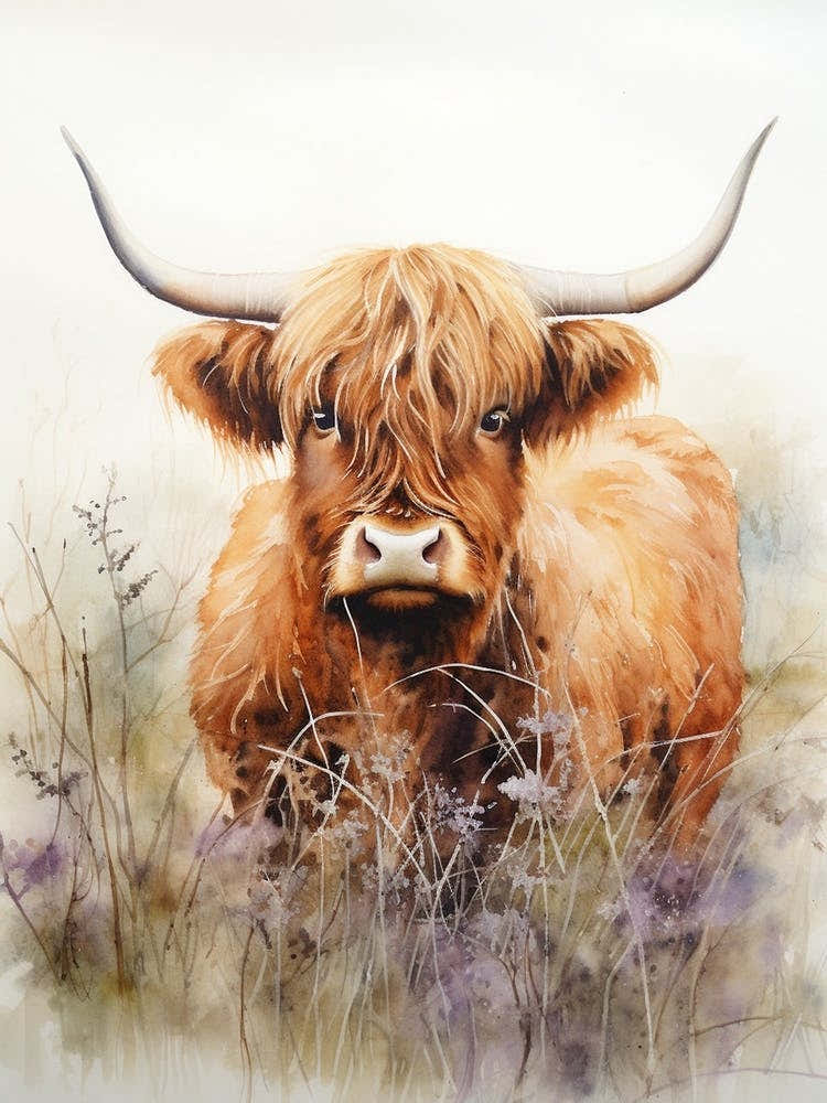 Grassy Highland Cow Watercolour 3