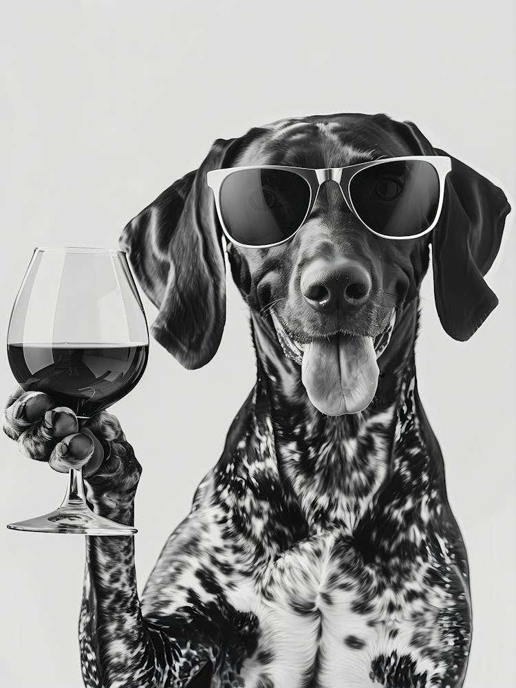 German Shorthaired Pointer Holding Wine Wall Art, Black And White Print, Gsp Gift, Alcohol Print, Funny Dog Poster, Kitchen Wall Decor